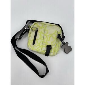Tous Crossbody Bag Lime Green White Kaos Messenger Nylon Zip Pockets Bear Charm